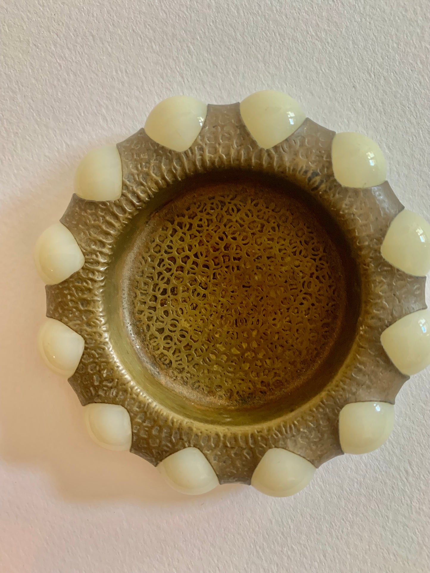 Vintage brass and cream colored marble beaded jewel tray