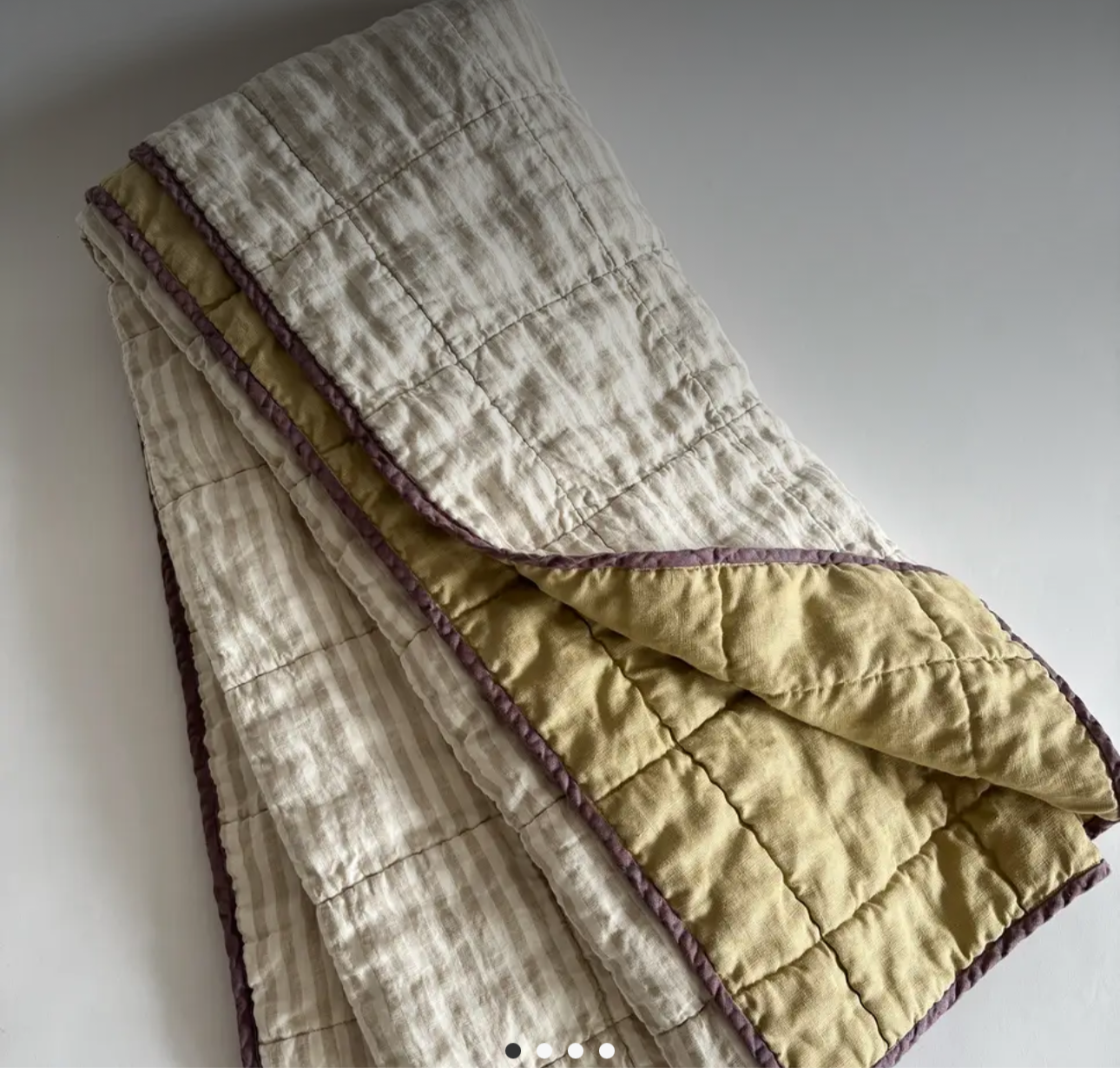 Quilted Linen Throw Blanket Olive and Cream Stripe