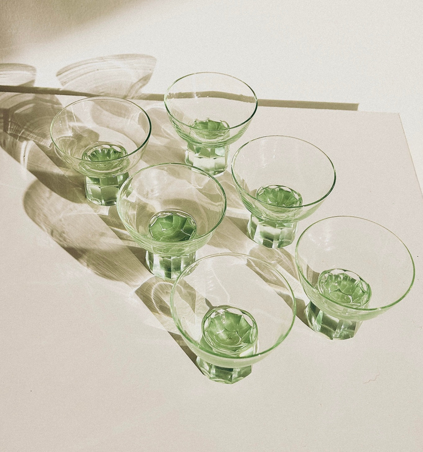 Vintage art deco green glass coupe glasses set of 6