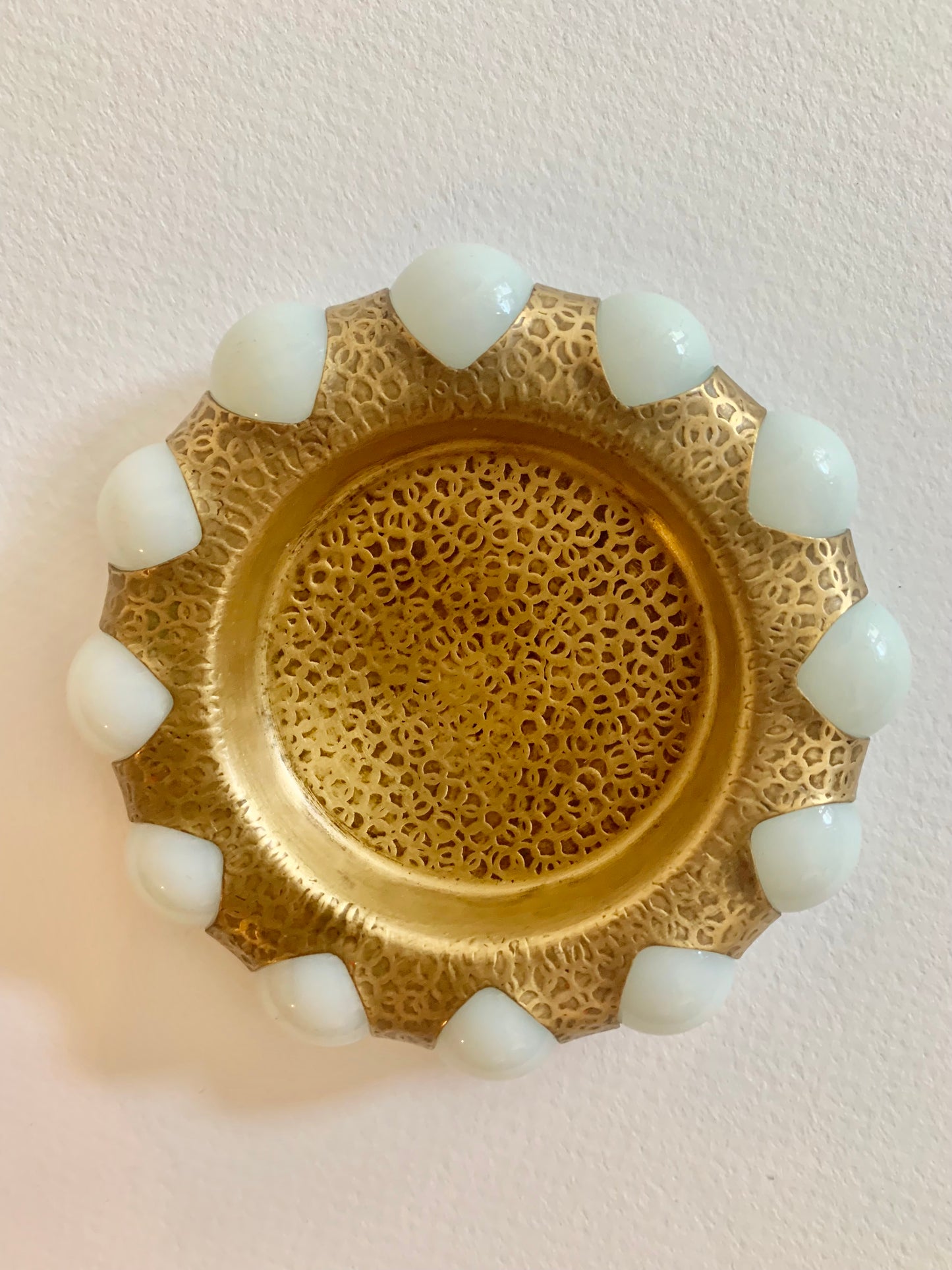 Vintage Brass and White Beaded Marble Trinket & Jewelry Dish