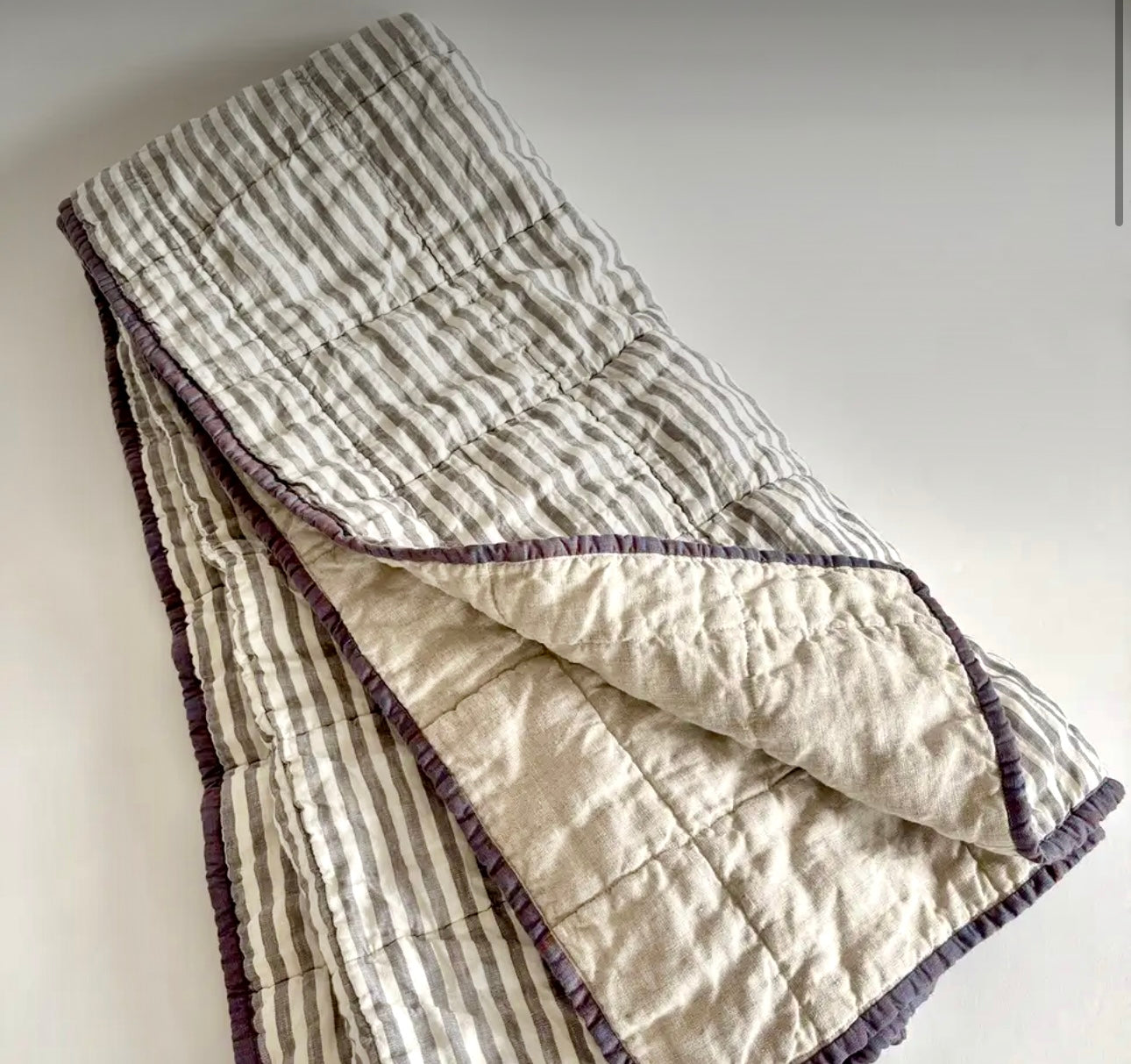 Quilted Linen Throw Blanket Grey and Cream Stripe