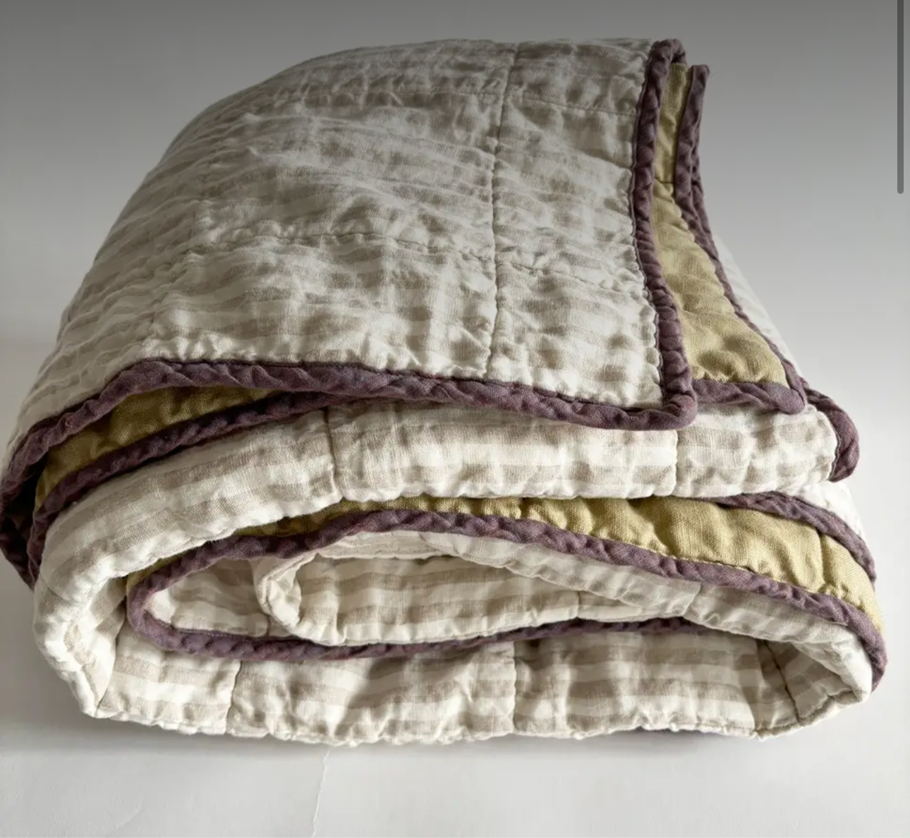 Quilted Linen Throw Blanket Olive and Cream Stripe