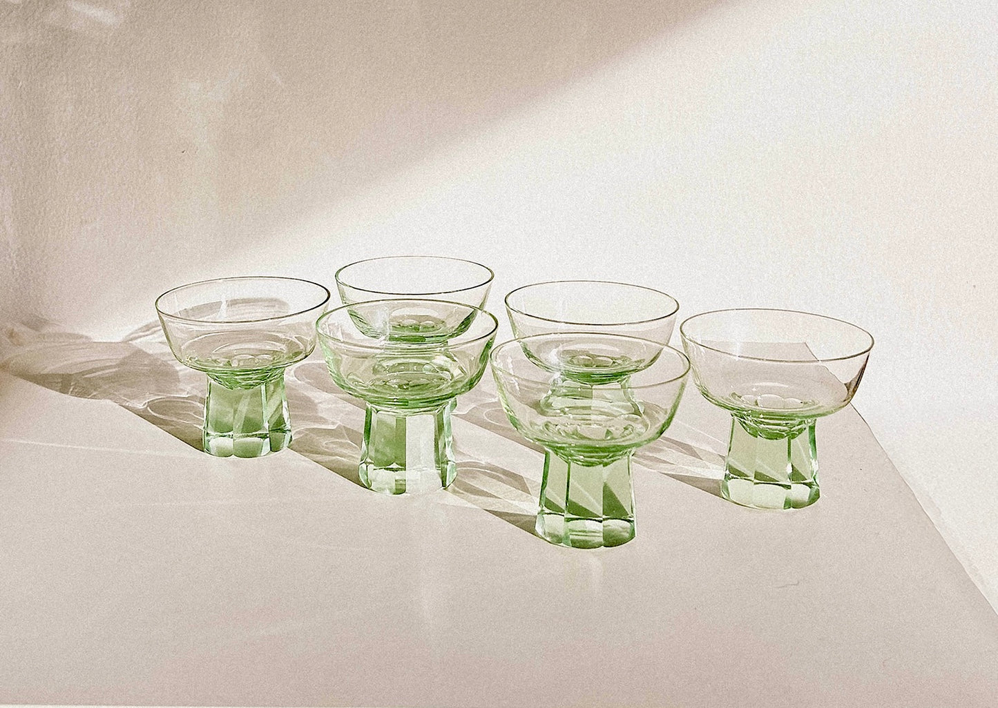 Vintage art deco green glass coupe glasses set of 6