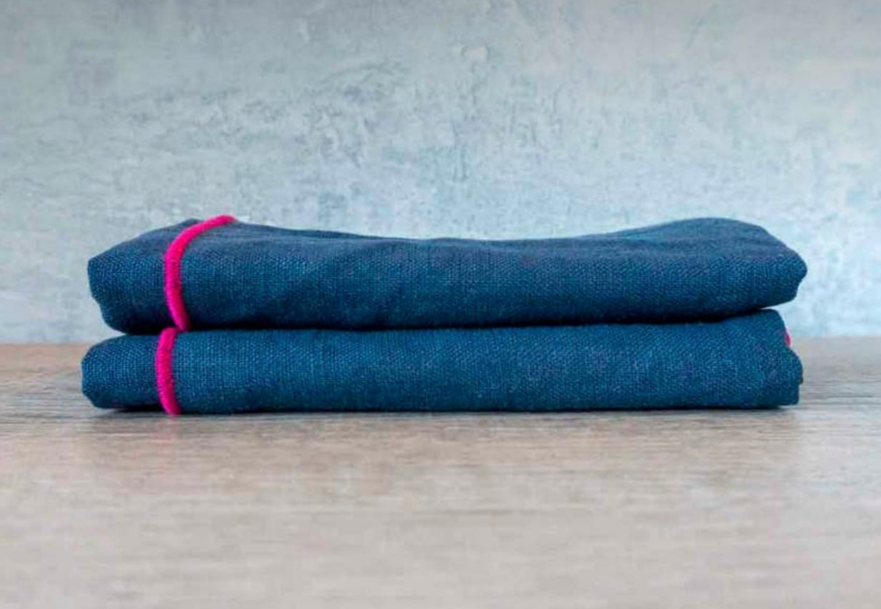 Indigo Linen Dinner Napkins with Pink Embroidered Edge