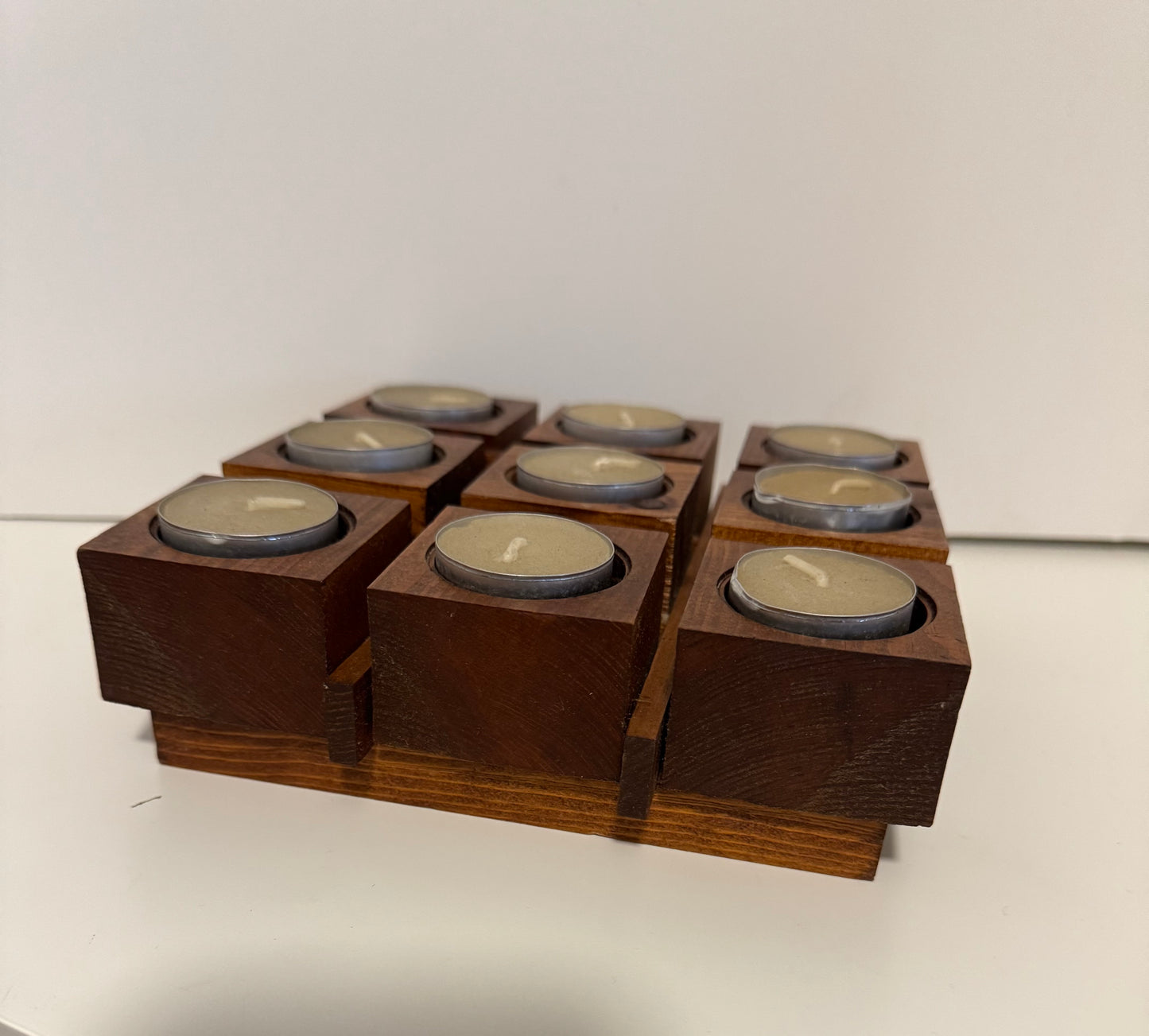 Mid Century Handmade Wood Tea Light Candle Holder