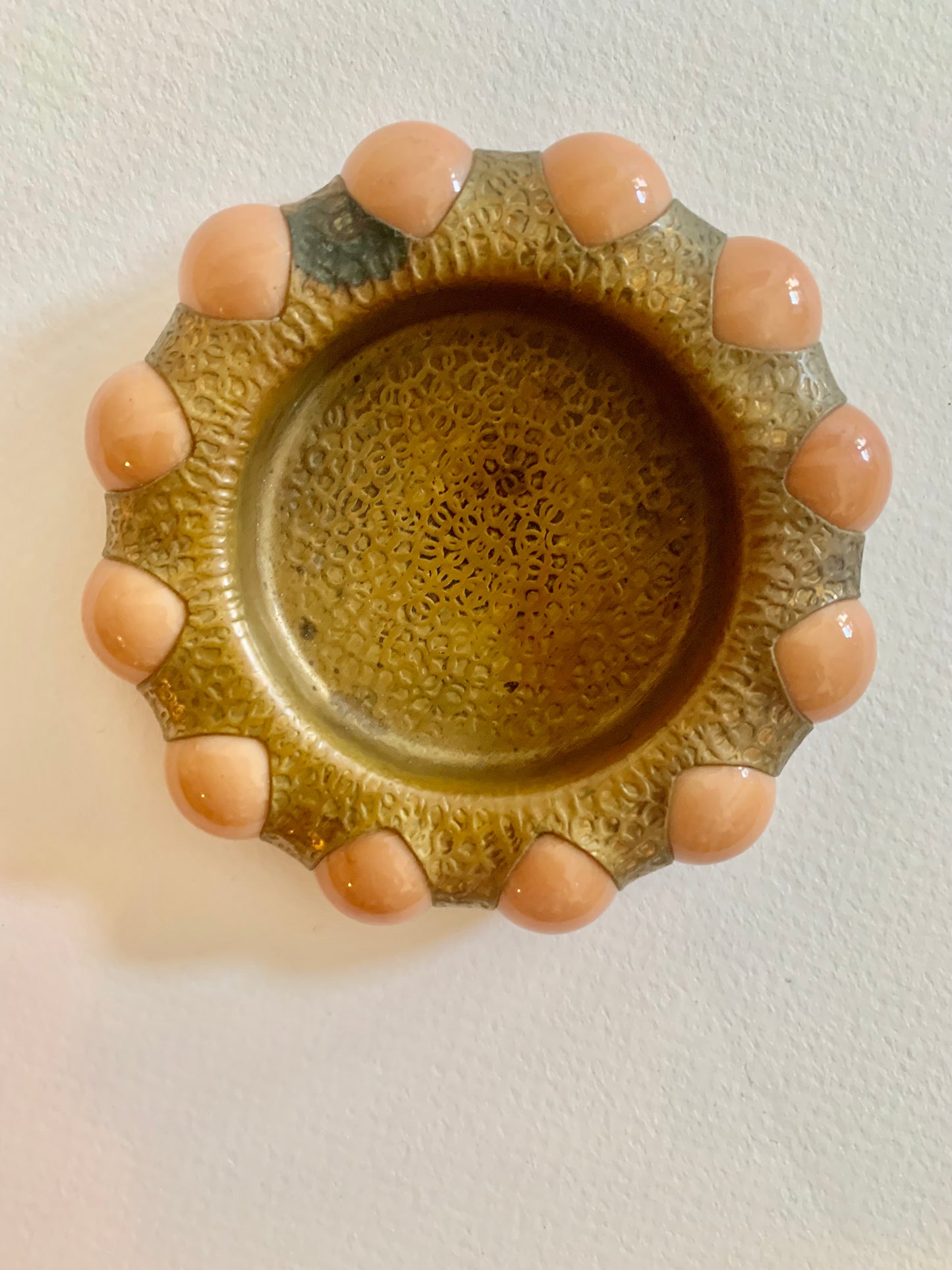 Vintage brass and peach marble beaded jewel tray