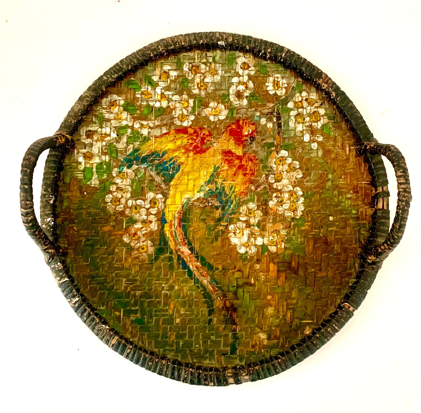 Vintage hand painted woven tray