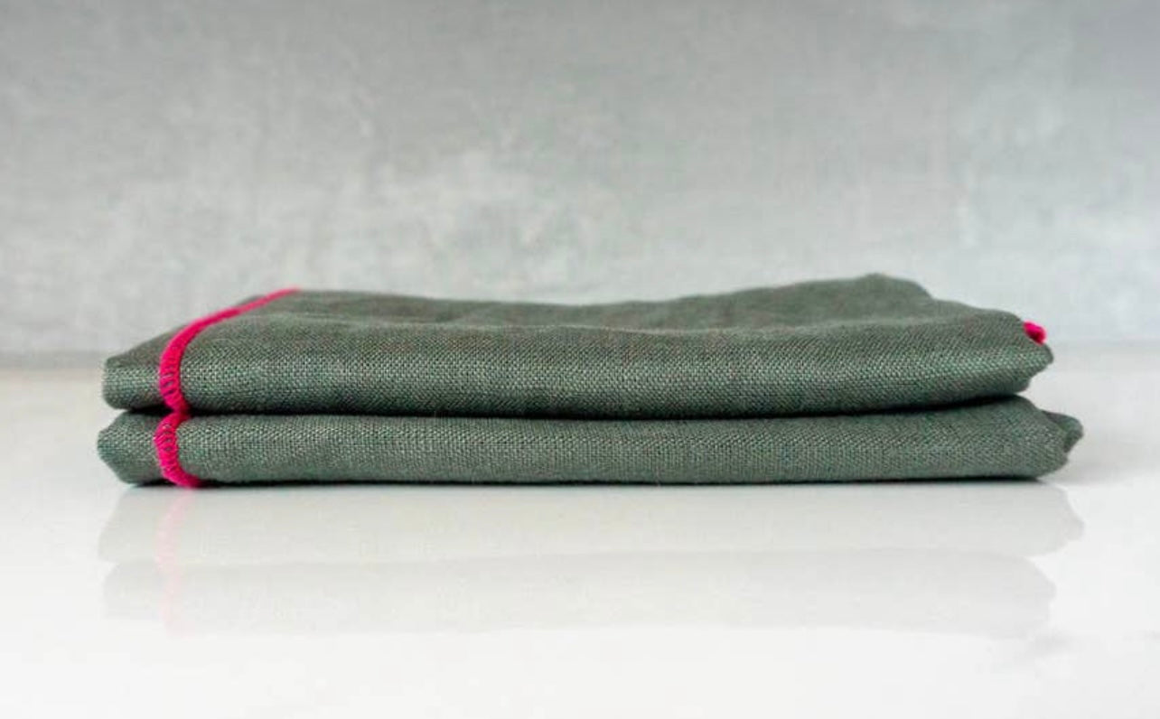 Green Linen Napkins with Pink Embroidered Trim