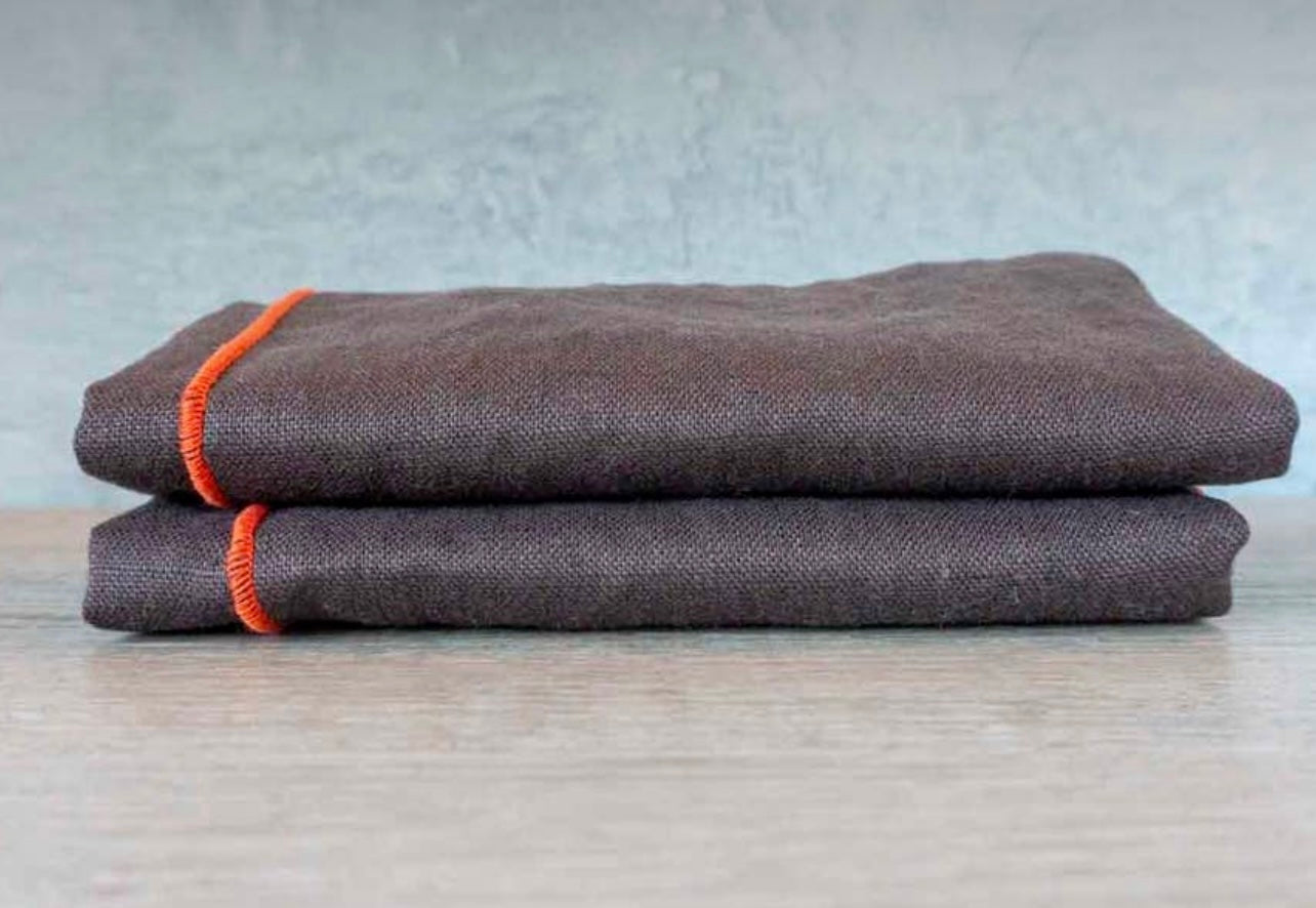 Brown Linen Napkins with Orange Embroidered Trim