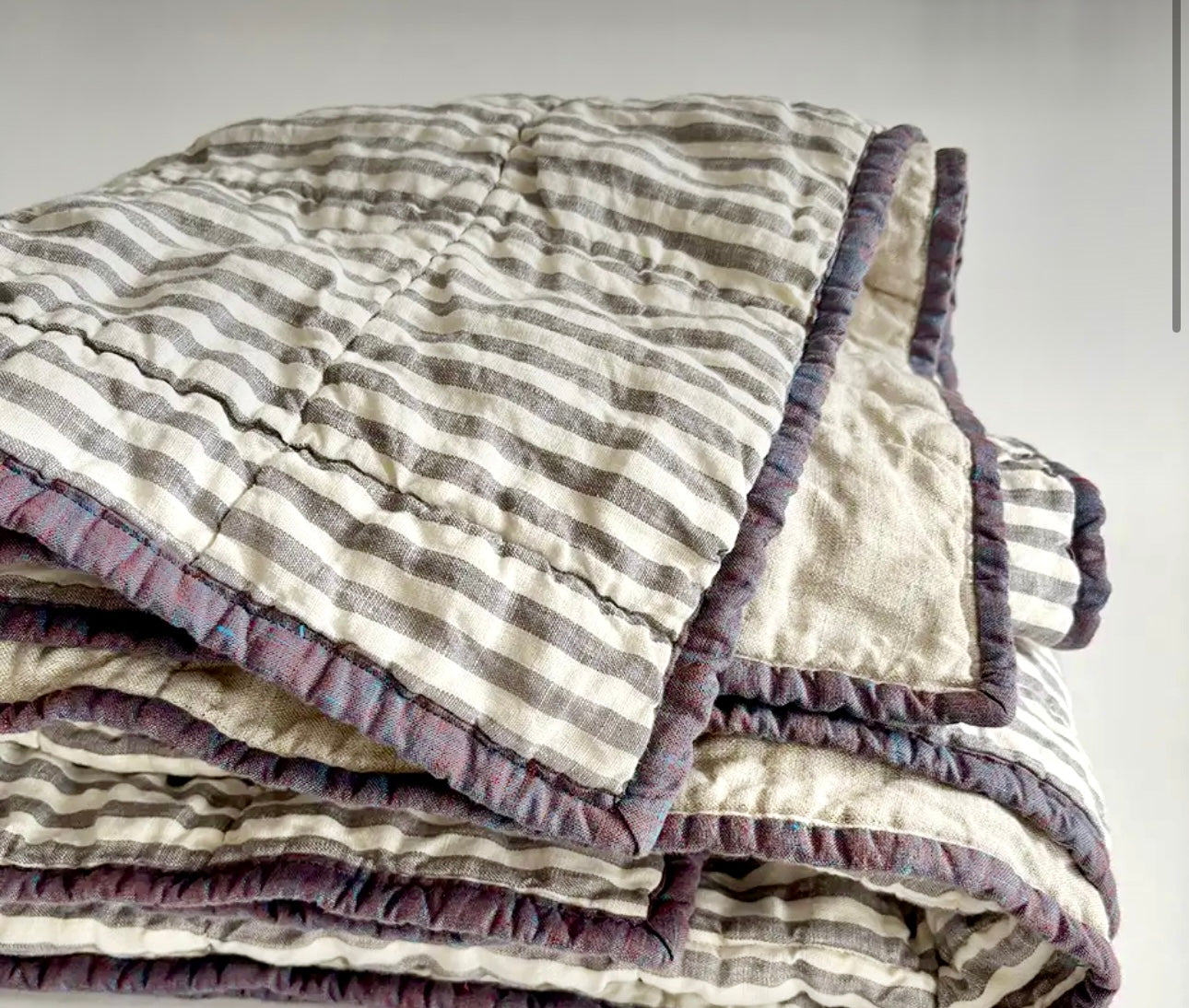 Quilted Linen Throw Blanket Grey and Cream Stripe