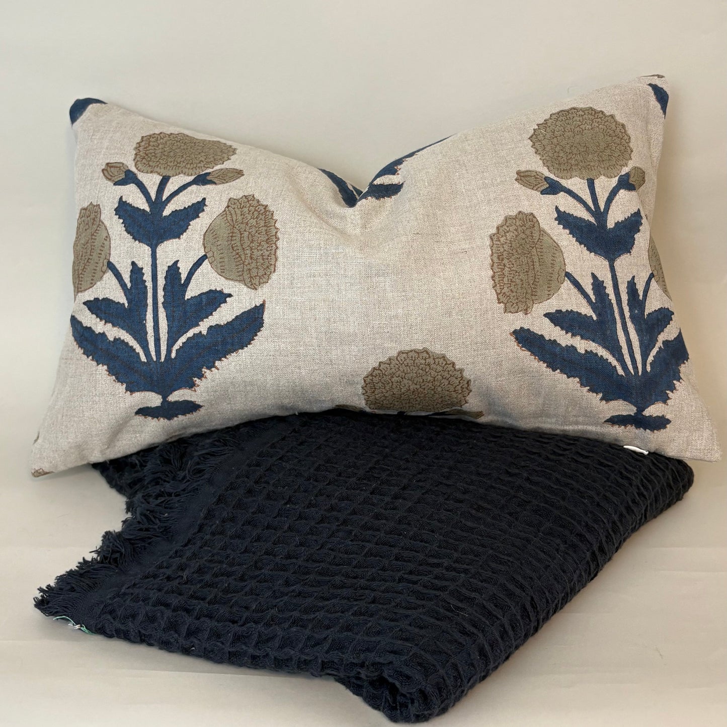 Block Print Lumbar Pillow 20"x12" Navy and Olive