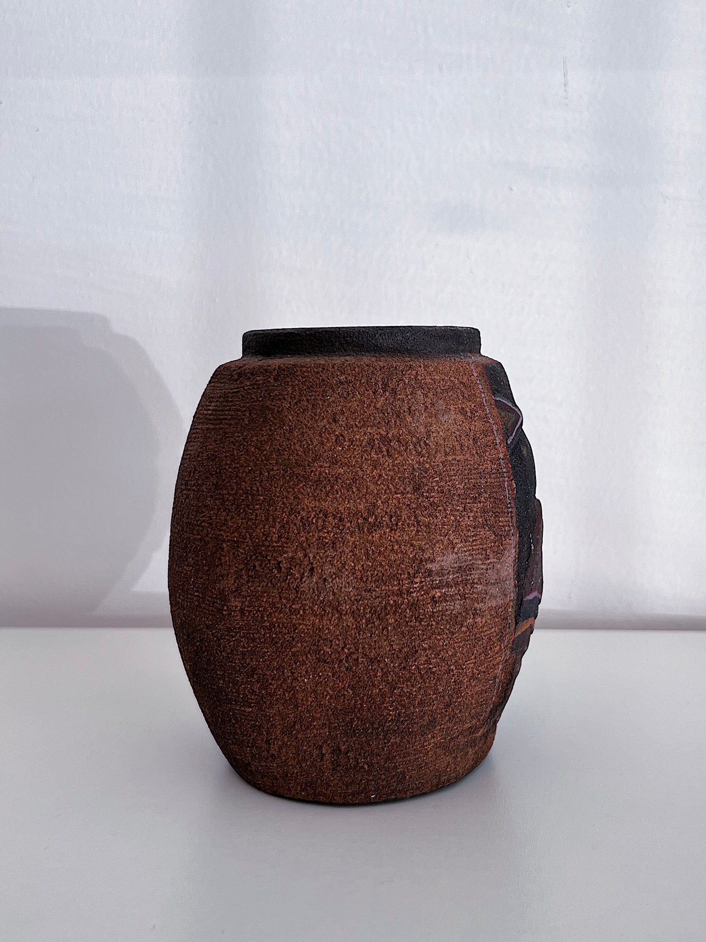 Vintage Mexican Brown Ceramic Vase With Sculpture