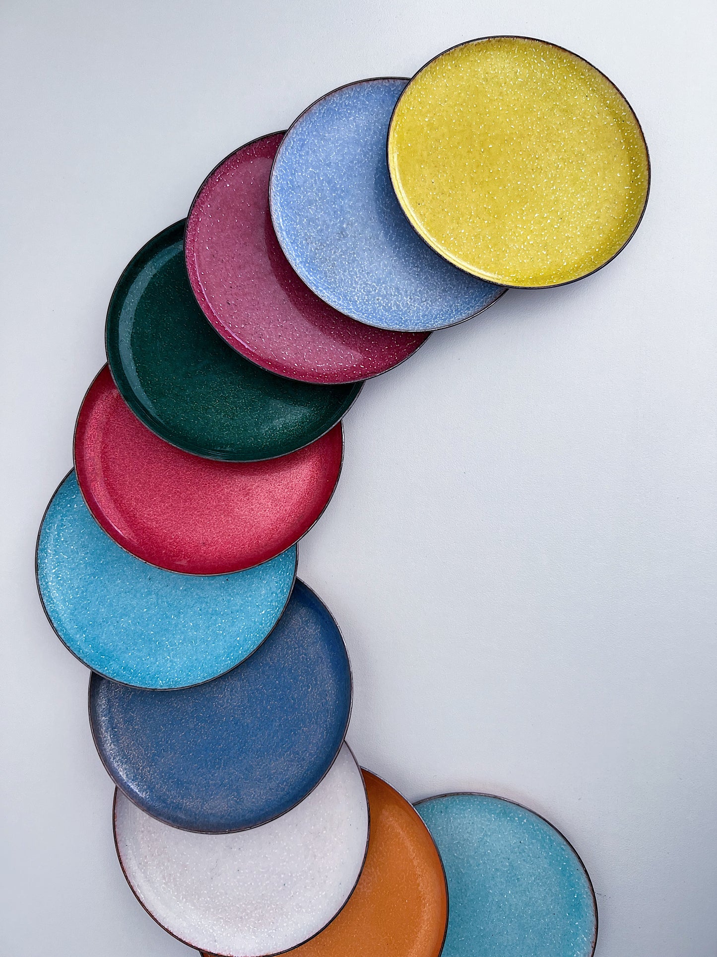 Set of 10 Mid-Century Modern Enamel and Copper Coasters