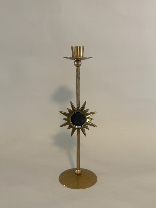 Mid-century brass candle holder with mirrored sunburst