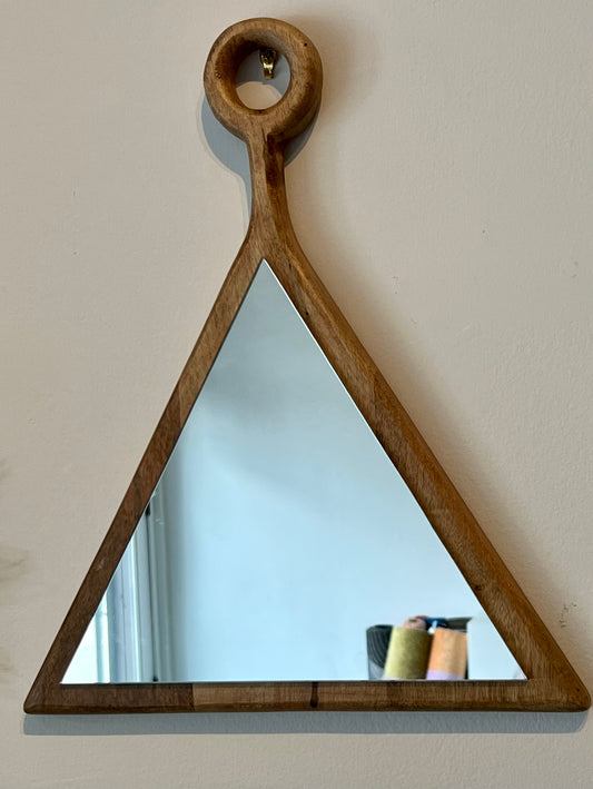 Mid Century solid wood triangular wall mirror 15”x13”