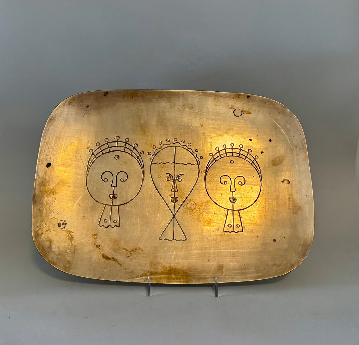 Vintage brass etched faces tray
