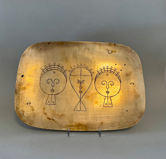 Vintage brass etched faces tray