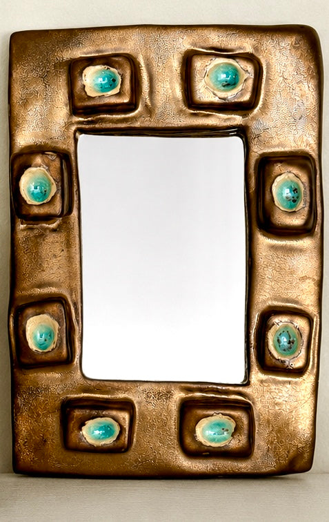 Small handmade gold and turquoise ceramic mirror