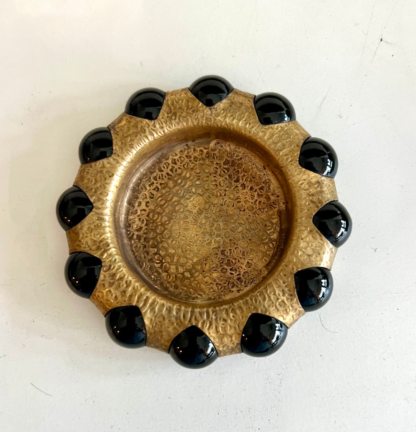 Vintage brass and black beaded jewelry and trinket tray
