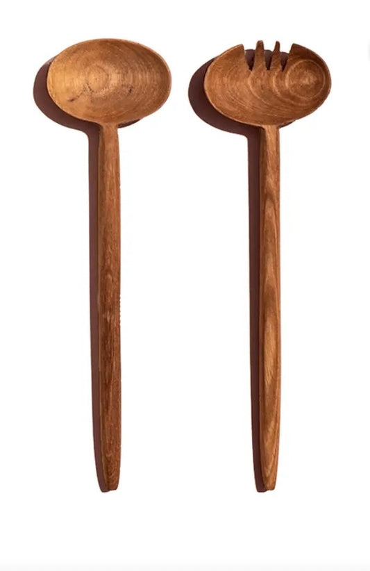 Walnut oval long handled salad serving set