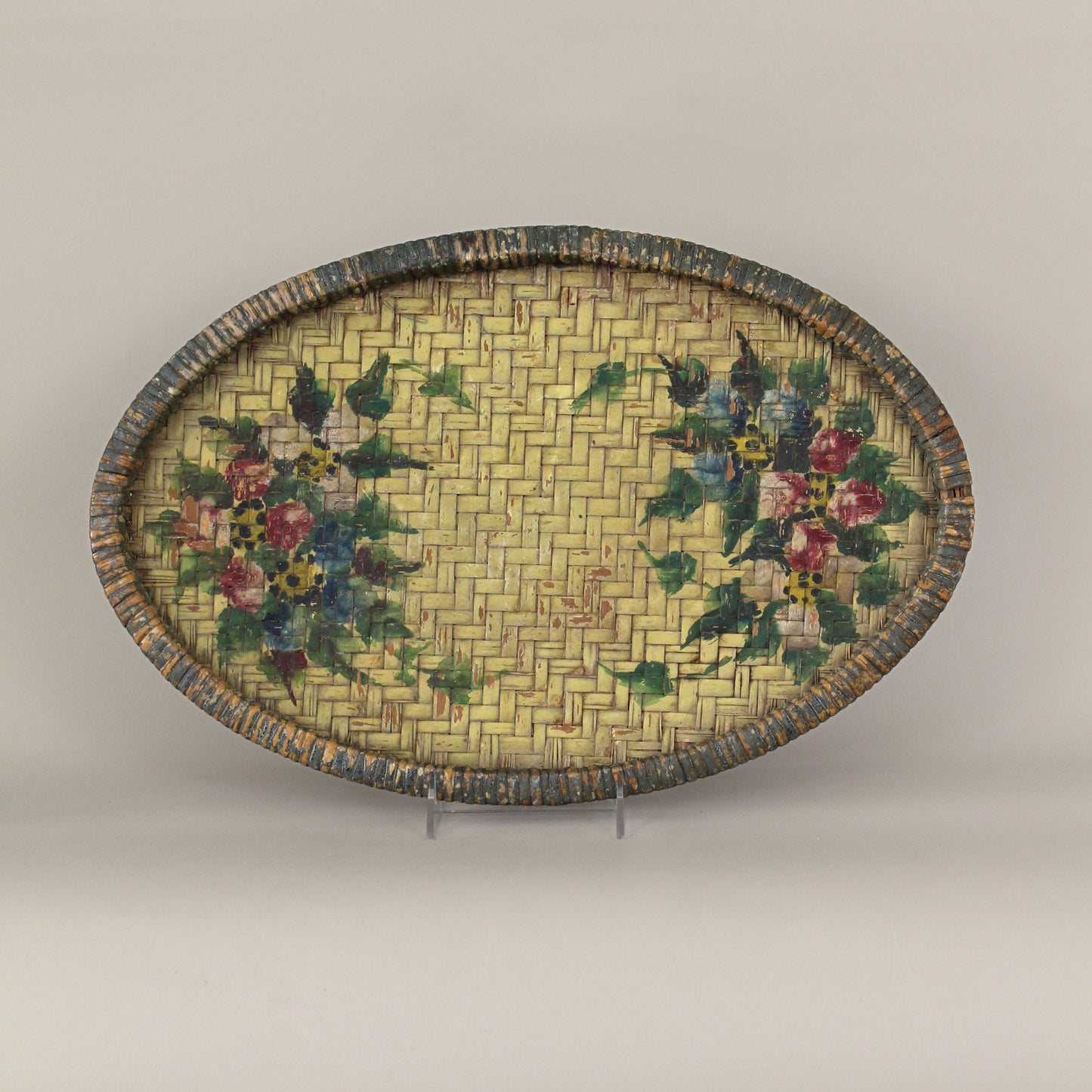 Antique Hand Painted Woven Tray