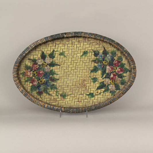 Antique Hand Painted Woven Tray