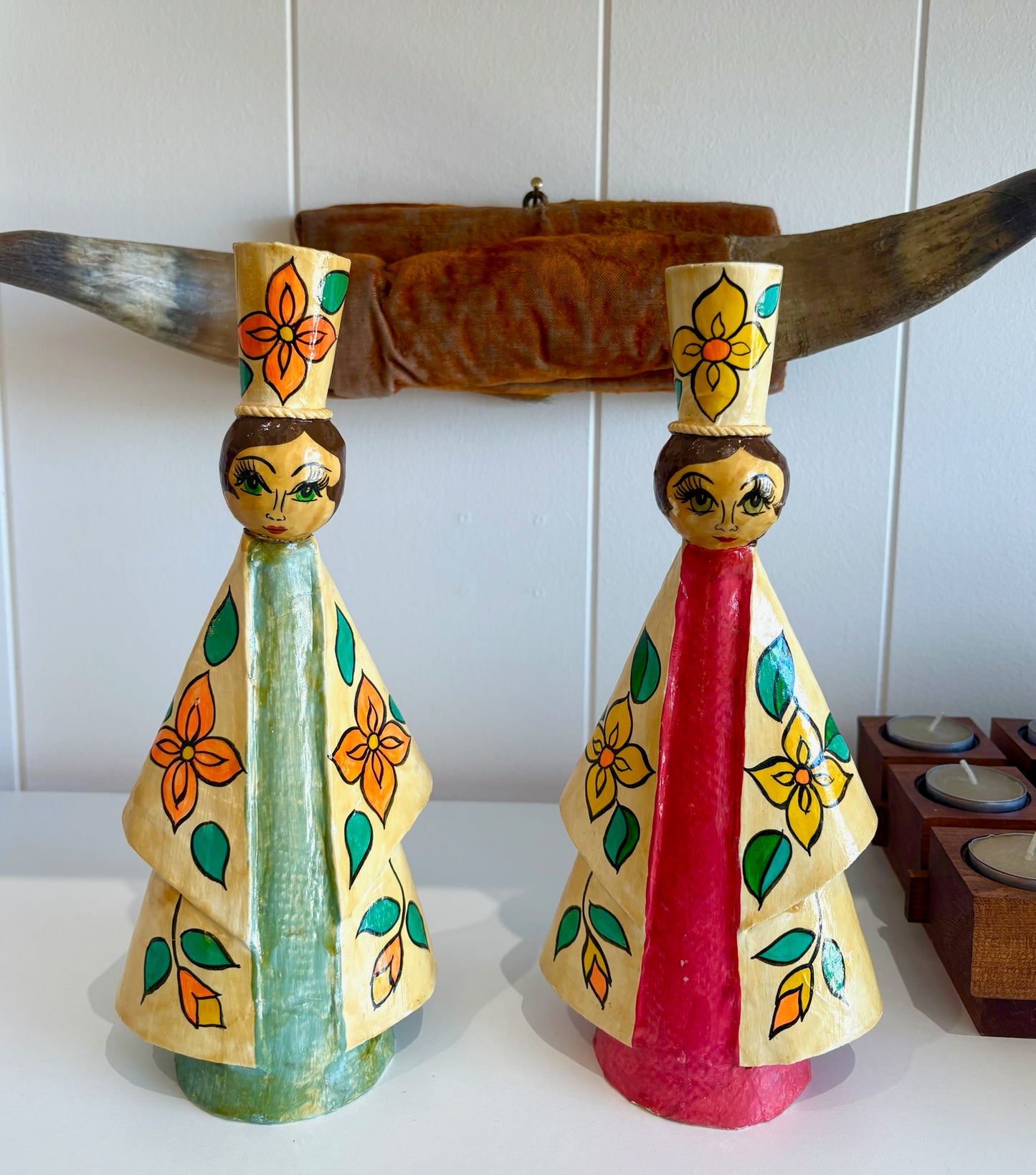 Mid Century Mexican Paper Mache Folk Art Candle Holders
