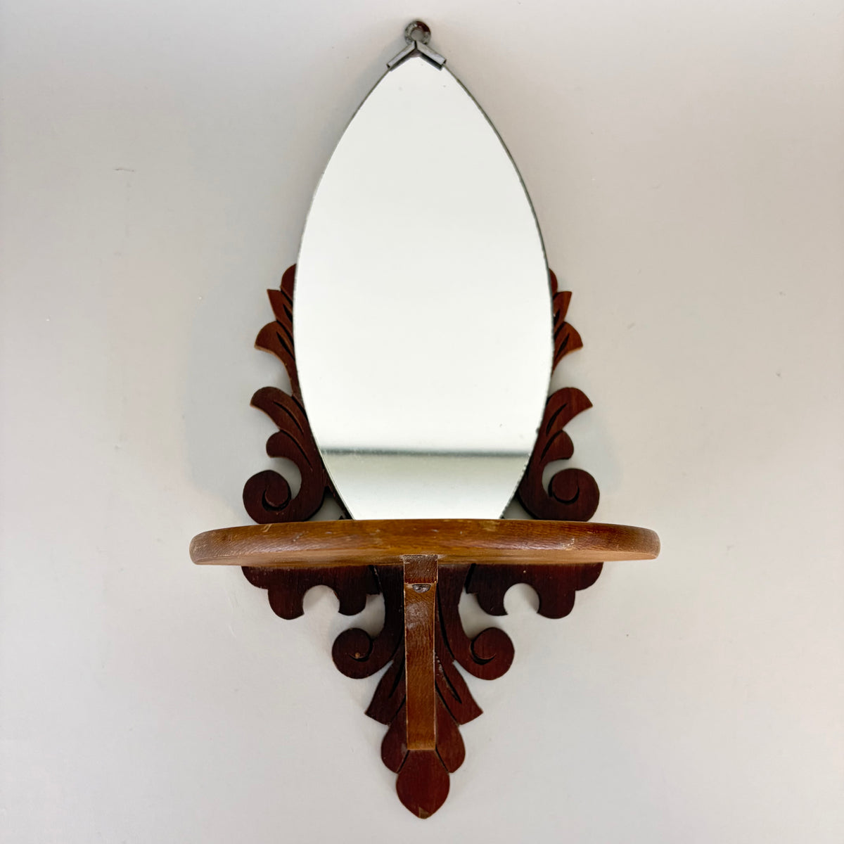 Vintage Carved Wood Demi-lune Mirror with Shelf