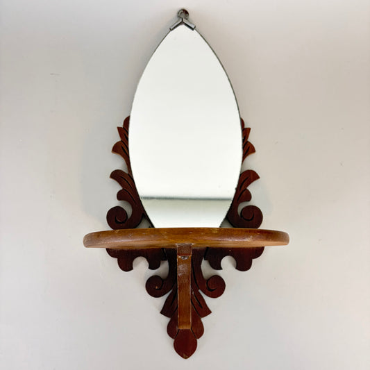 Vintage Carved Wood Demi-lune Mirror with Shelf