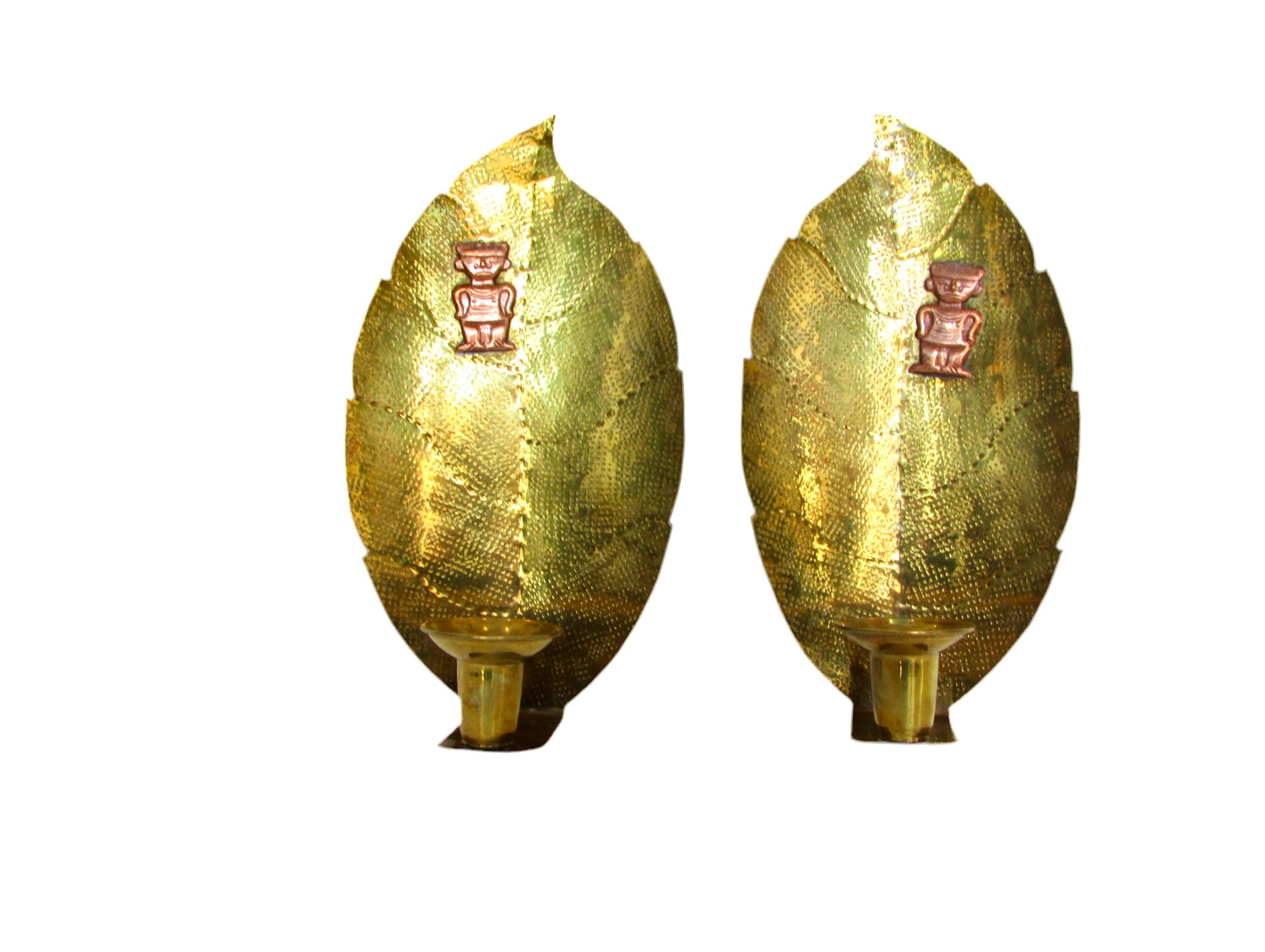 Pair of vintage Latin American hammered brass candle sconces