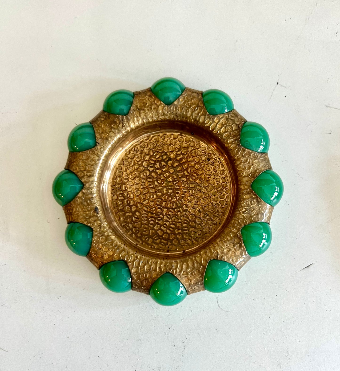 Vintage brass and green beaded jewelry and trinket tray