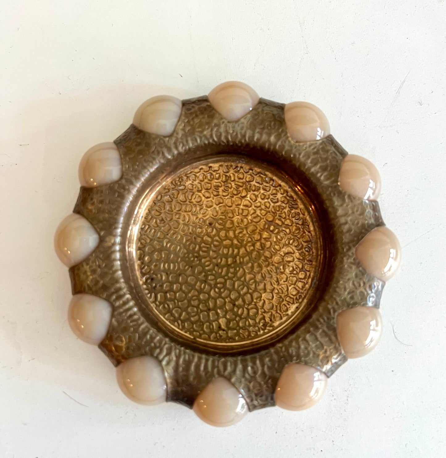 Vintage brass and cream colored beaded jewelry and trinket tray