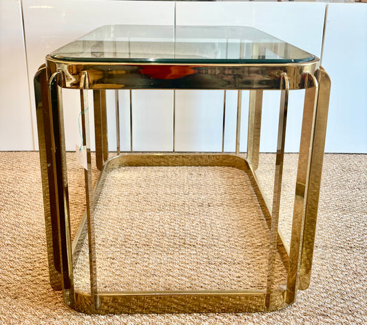 Mid Century brass and glass end table