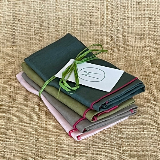 Set of 4 Multi Colored Linen Napkins with Contrasting Embroidered Trim