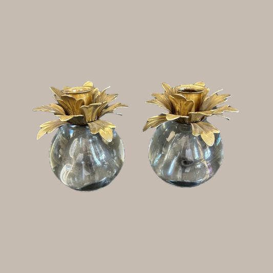 MCM Glass Candle Holders with Brass Flower Petals