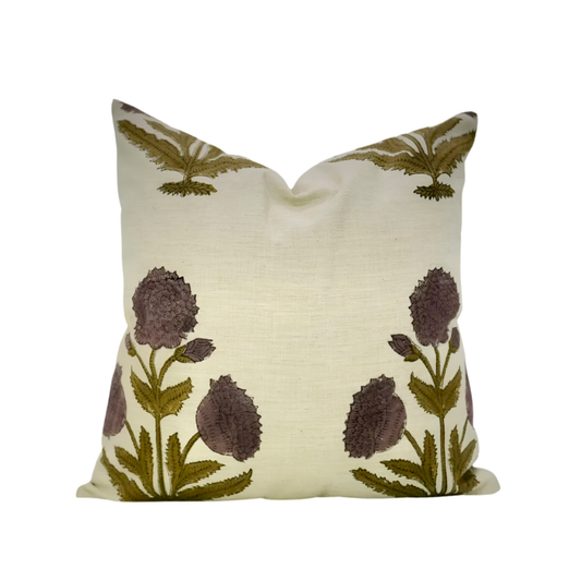 Block print 26” pillow eggplant and olive