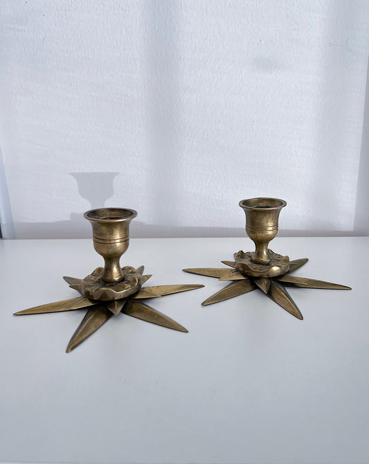 Vintage Brass Star Candle Holders, Set of 2