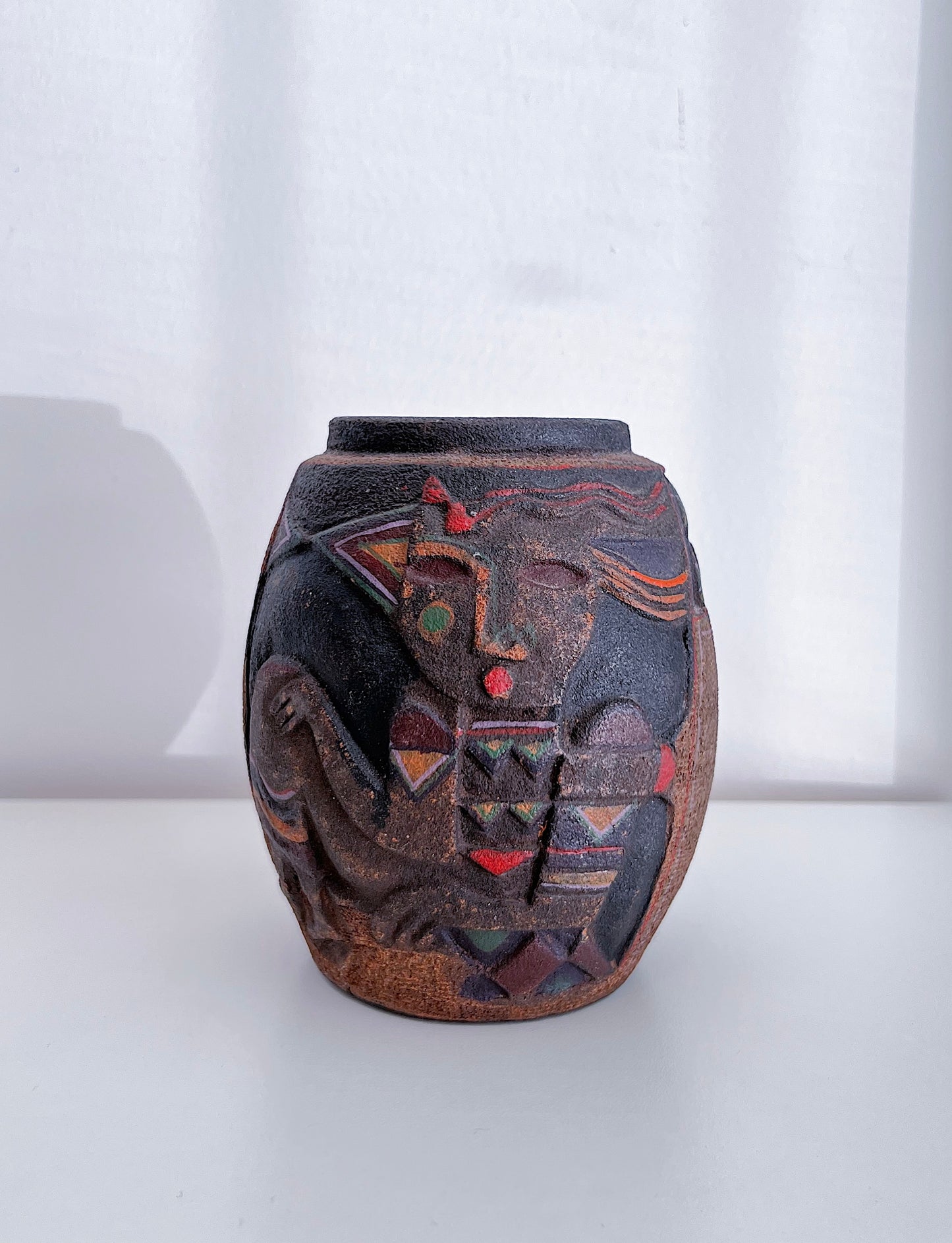 Vintage Mexican Brown Ceramic Vase With Sculpture