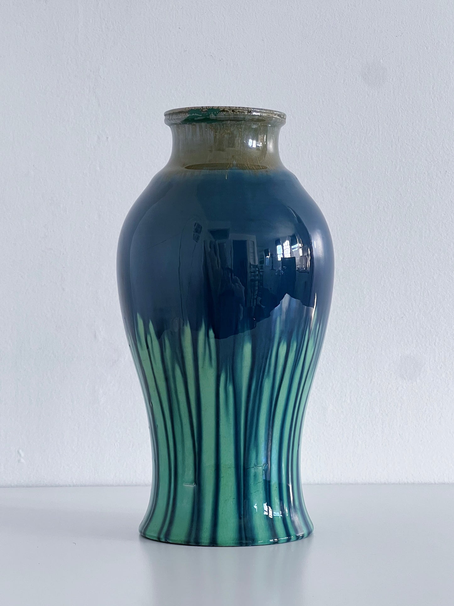 Tall Blue & Green Vintage Drip Glaze Vase
